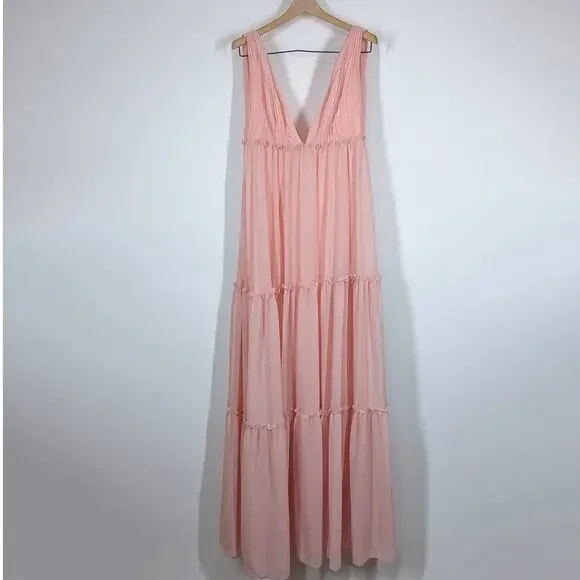 Ieena for Mac Duggal Blush Pink Tiered Chiffon Plunging V-Neck Maxi Dress 4 FLAW - Picture 2 of 13